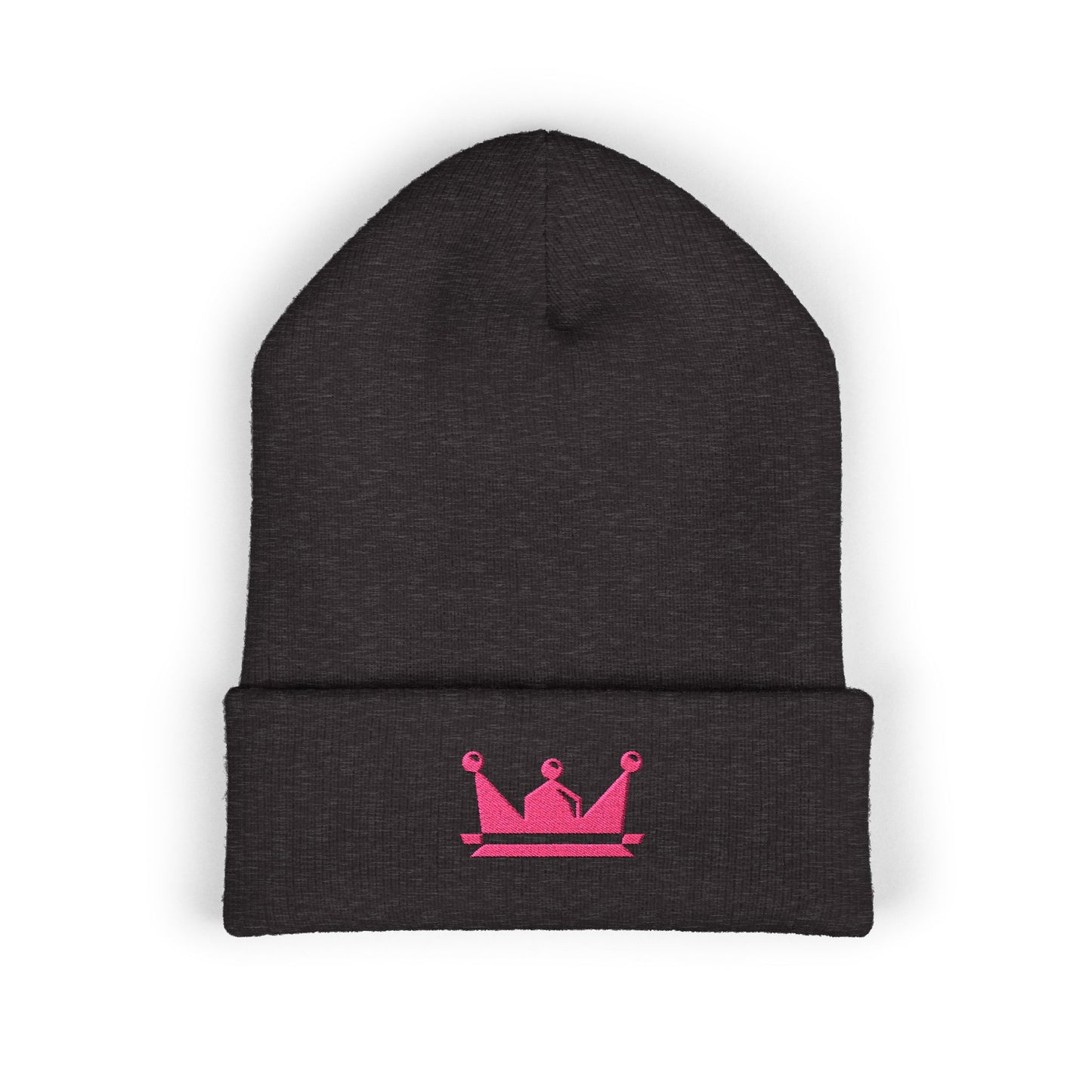 Embroidered Pink Crown Cuffed Beanie — Cute Royal Accent Knit Hat