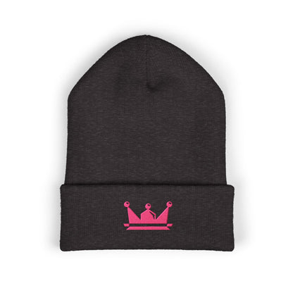Embroidered Pink Crown Cuffed Beanie — Cute Royal Accent Knit Hat