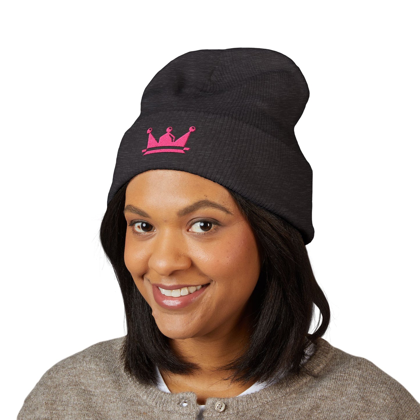Embroidered Pink Crown Cuffed Beanie — Cute Royal Accent Knit Hat