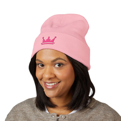 Embroidered Pink Crown Cuffed Beanie — Cute Royal Accent Knit Hat