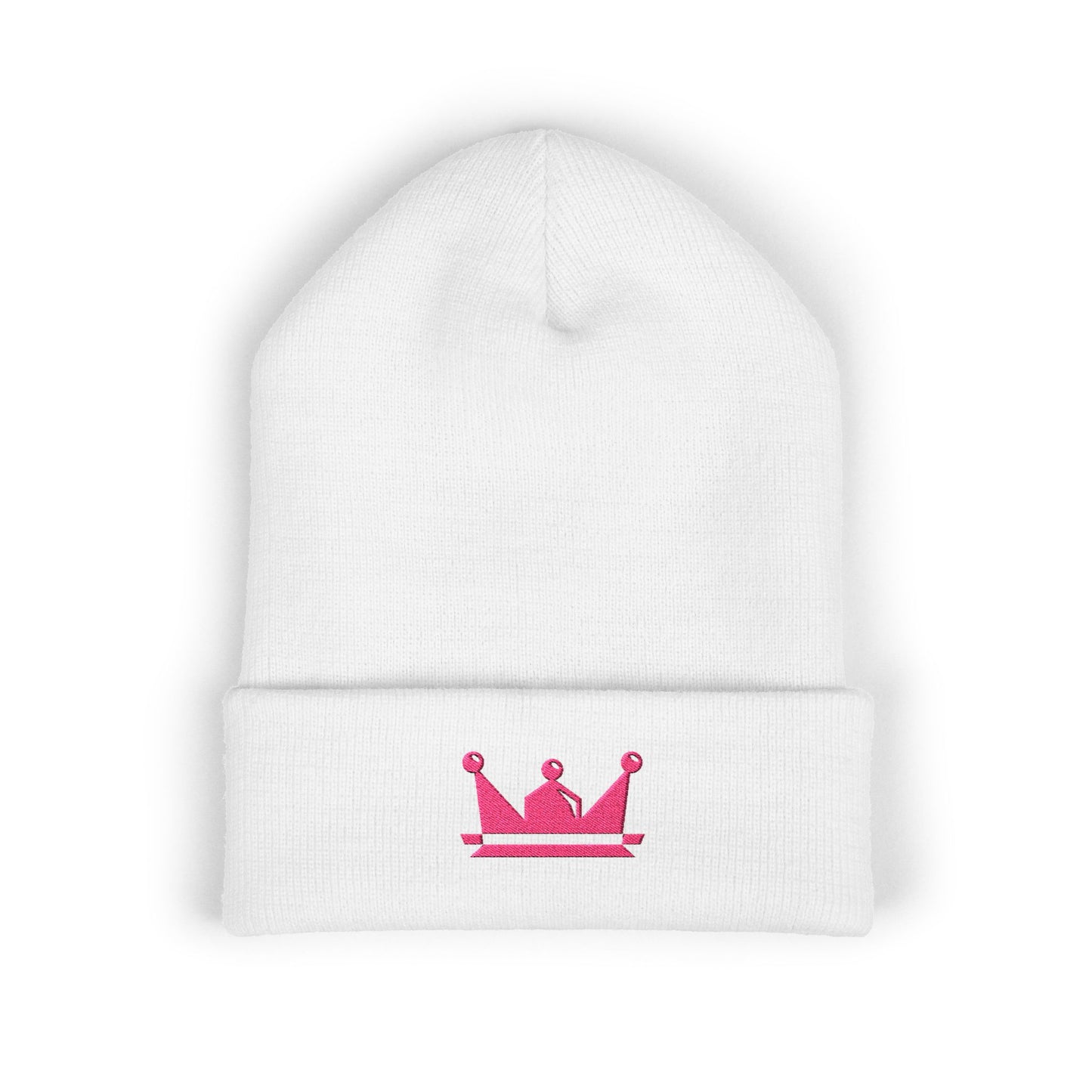 Embroidered Pink Crown Cuffed Beanie — Cute Royal Accent Knit Hat