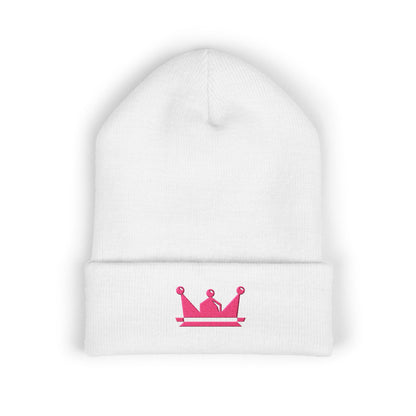 Embroidered Pink Crown Cuffed Beanie — Cute Royal Accent Knit Hat