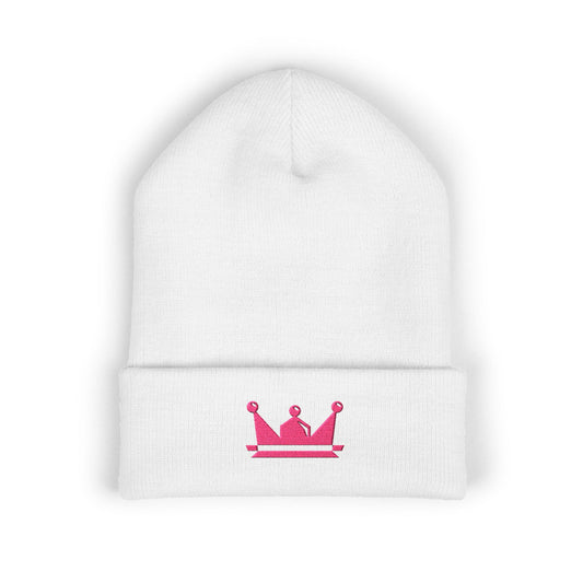 Embroidered Pink Crown Cuffed Beanie — Cute Royal Accent Knit Hat