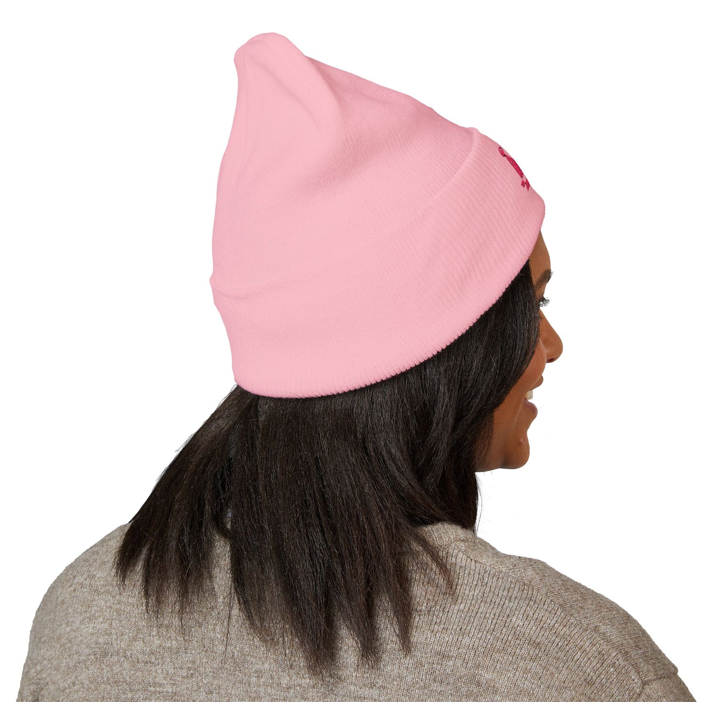 Embroidered Pink Crown Cuffed Beanie — Cute Royal Accent Knit Hat