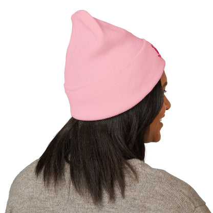 Embroidered Pink Crown Cuffed Beanie — Cute Royal Accent Knit Hat
