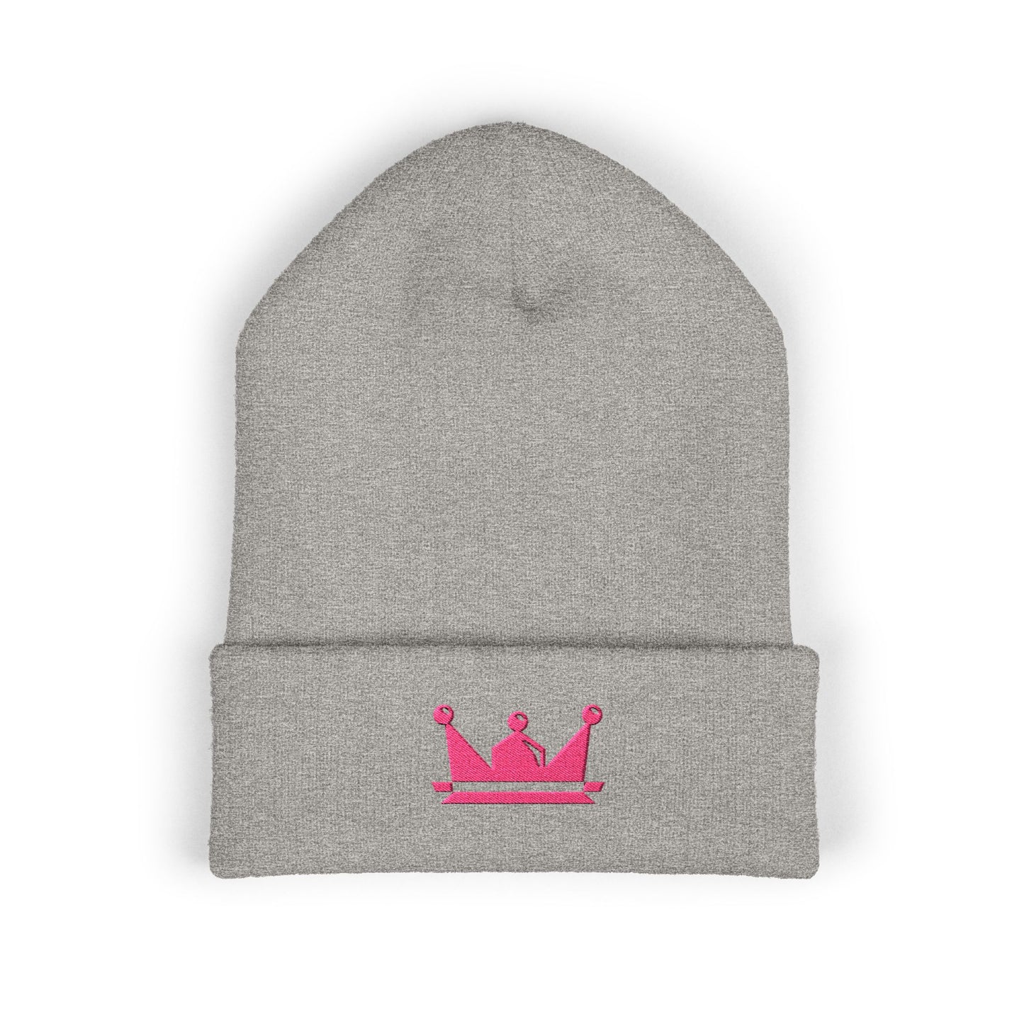 Embroidered Pink Crown Cuffed Beanie — Cute Royal Accent Knit Hat