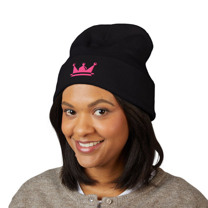 Embroidered Pink Crown Cuffed Beanie — Cute Royal Accent Knit Hat
