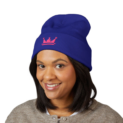 Embroidered Pink Crown Cuffed Beanie — Cute Royal Accent Knit Hat