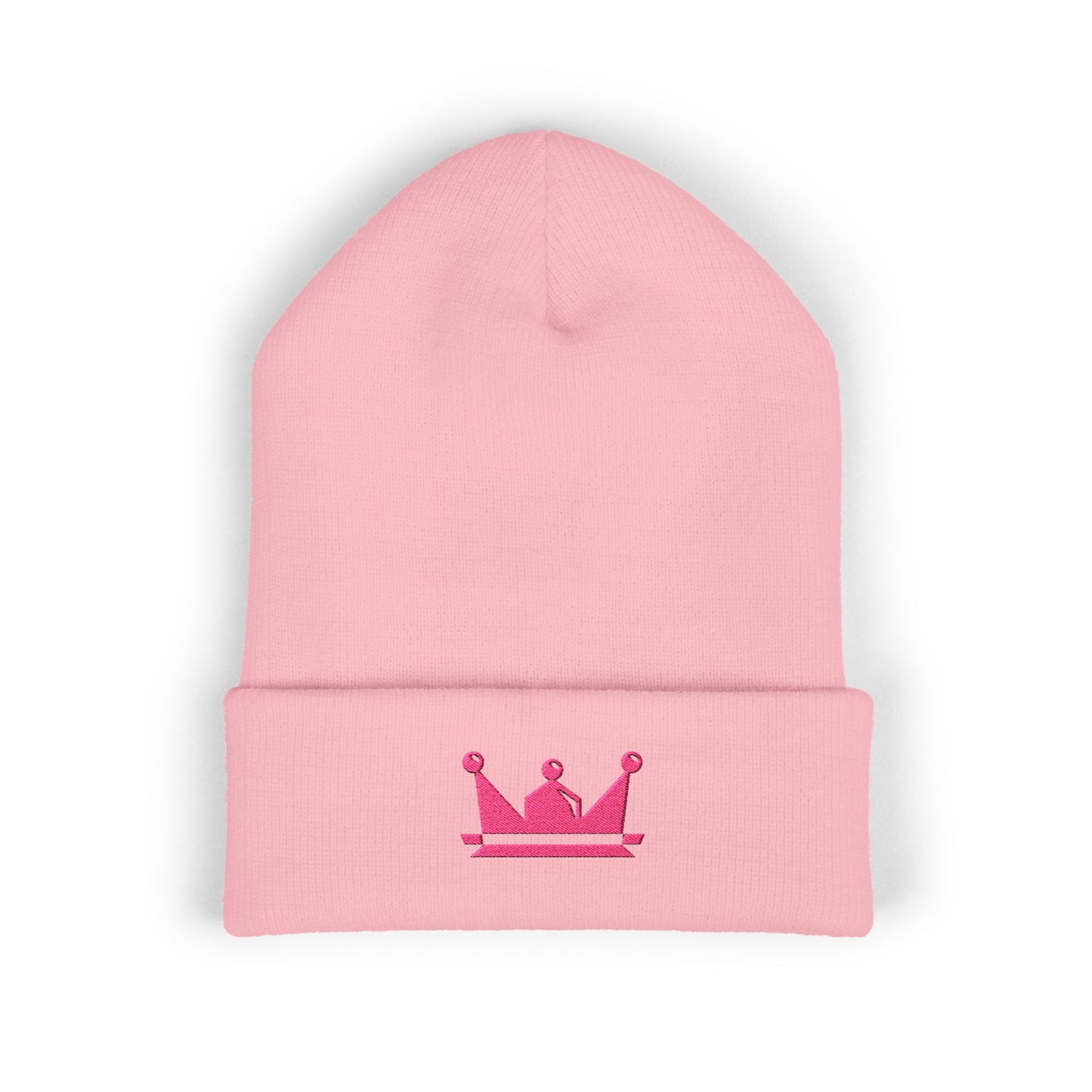 Embroidered Pink Crown Cuffed Beanie — Cute Royal Accent Knit Hat