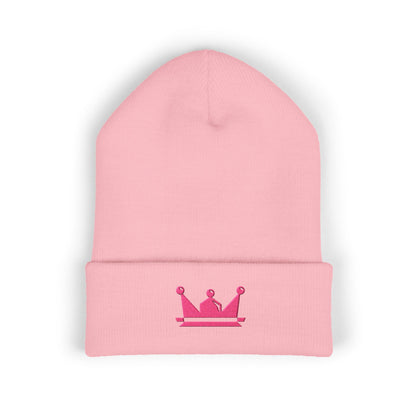 Embroidered Pink Crown Cuffed Beanie — Cute Royal Accent Knit Hat