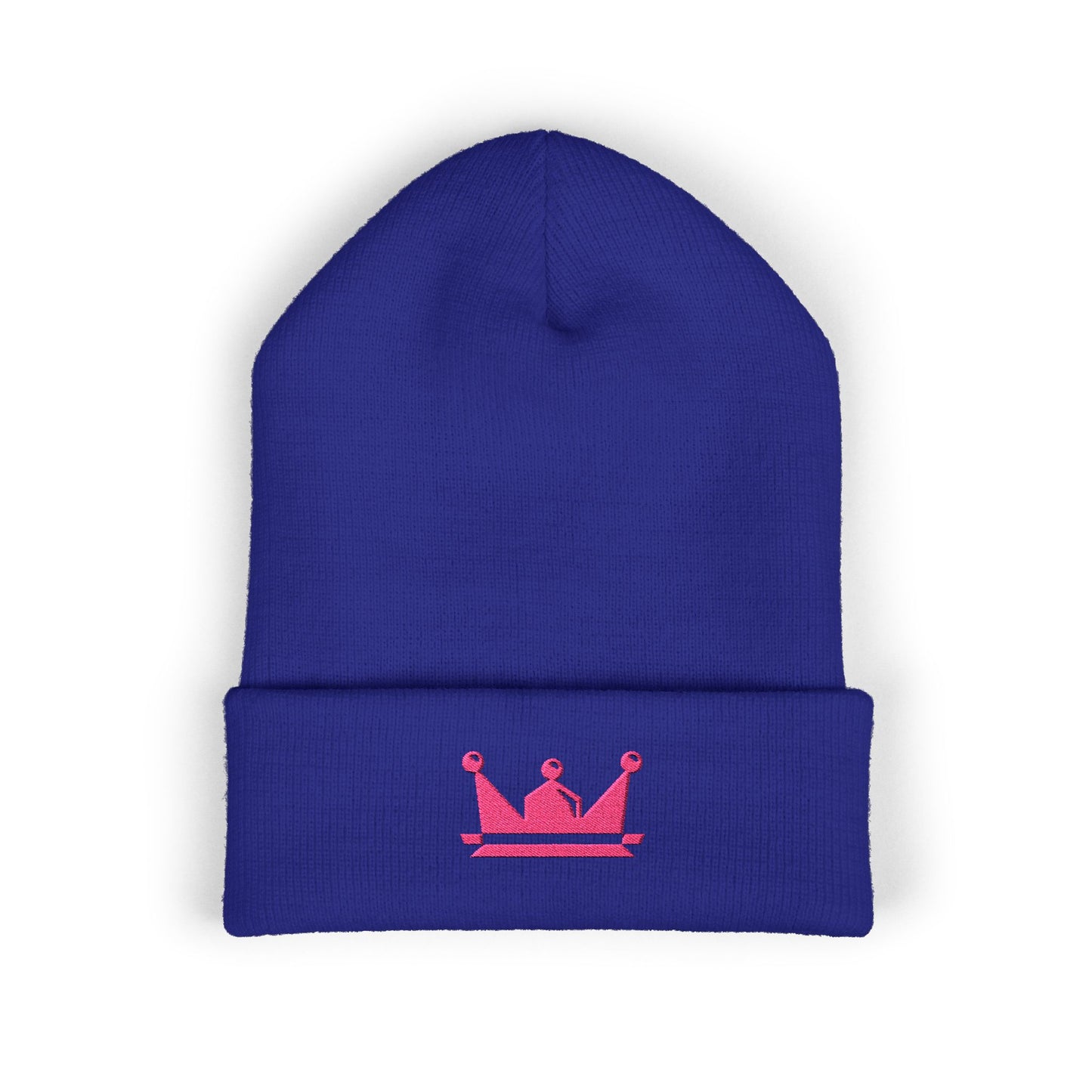 Embroidered Pink Crown Cuffed Beanie — Cute Royal Accent Knit Hat