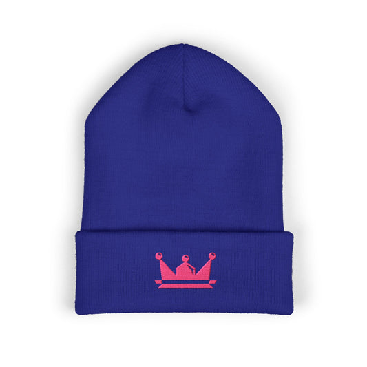 Embroidered Pink Crown Cuffed Beanie — Cute Royal Accent Knit Hat