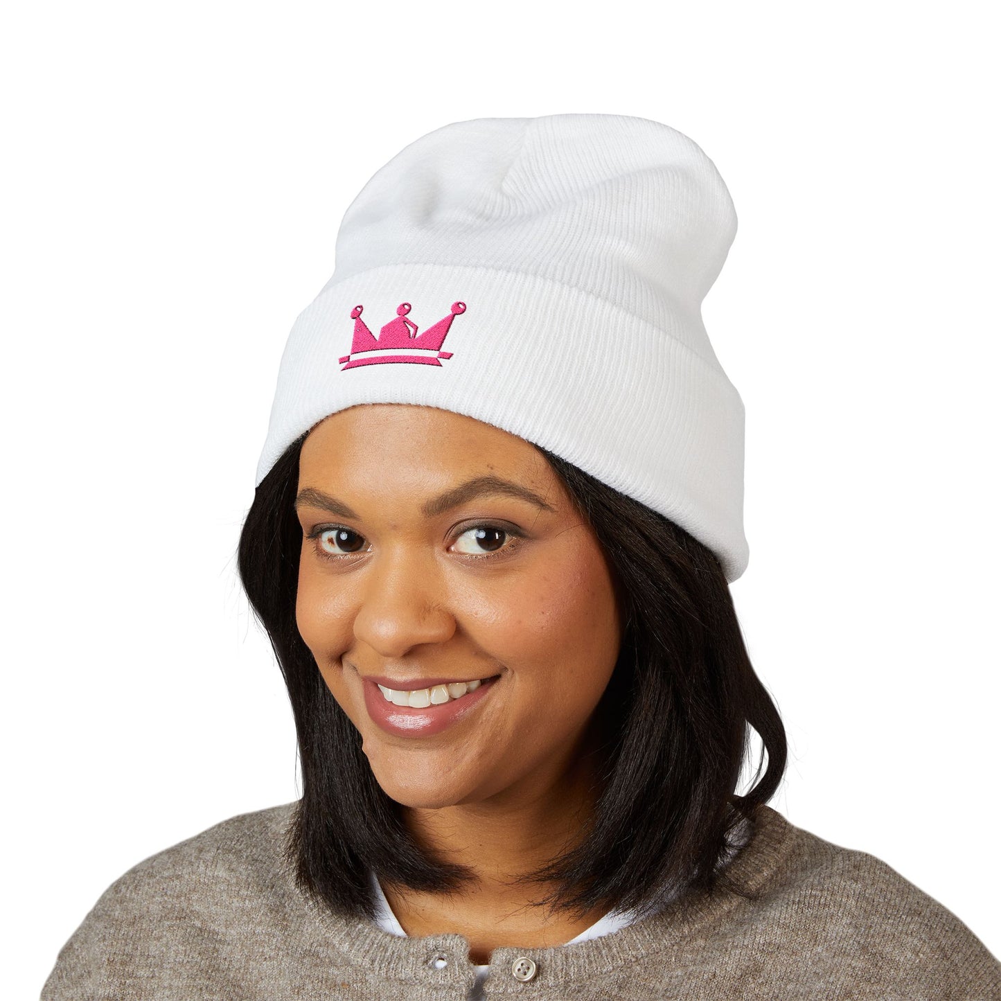 Embroidered Pink Crown Cuffed Beanie — Cute Royal Accent Knit Hat