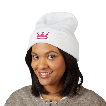 Embroidered Pink Crown Cuffed Beanie — Cute Royal Accent Knit Hat