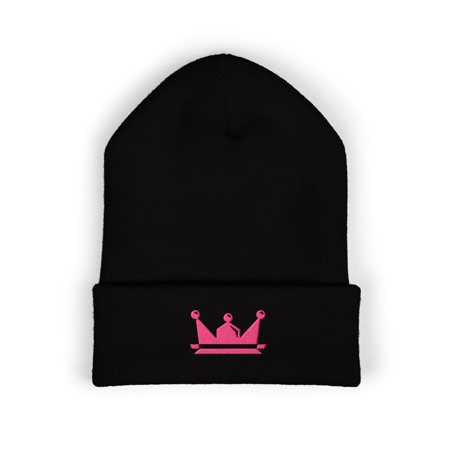 Embroidered Pink Crown Cuffed Beanie — Cute Royal Accent Knit Hat
