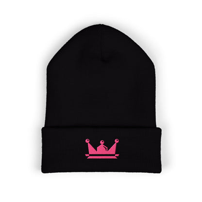 Embroidered Pink Crown Cuffed Beanie — Cute Royal Accent Knit Hat